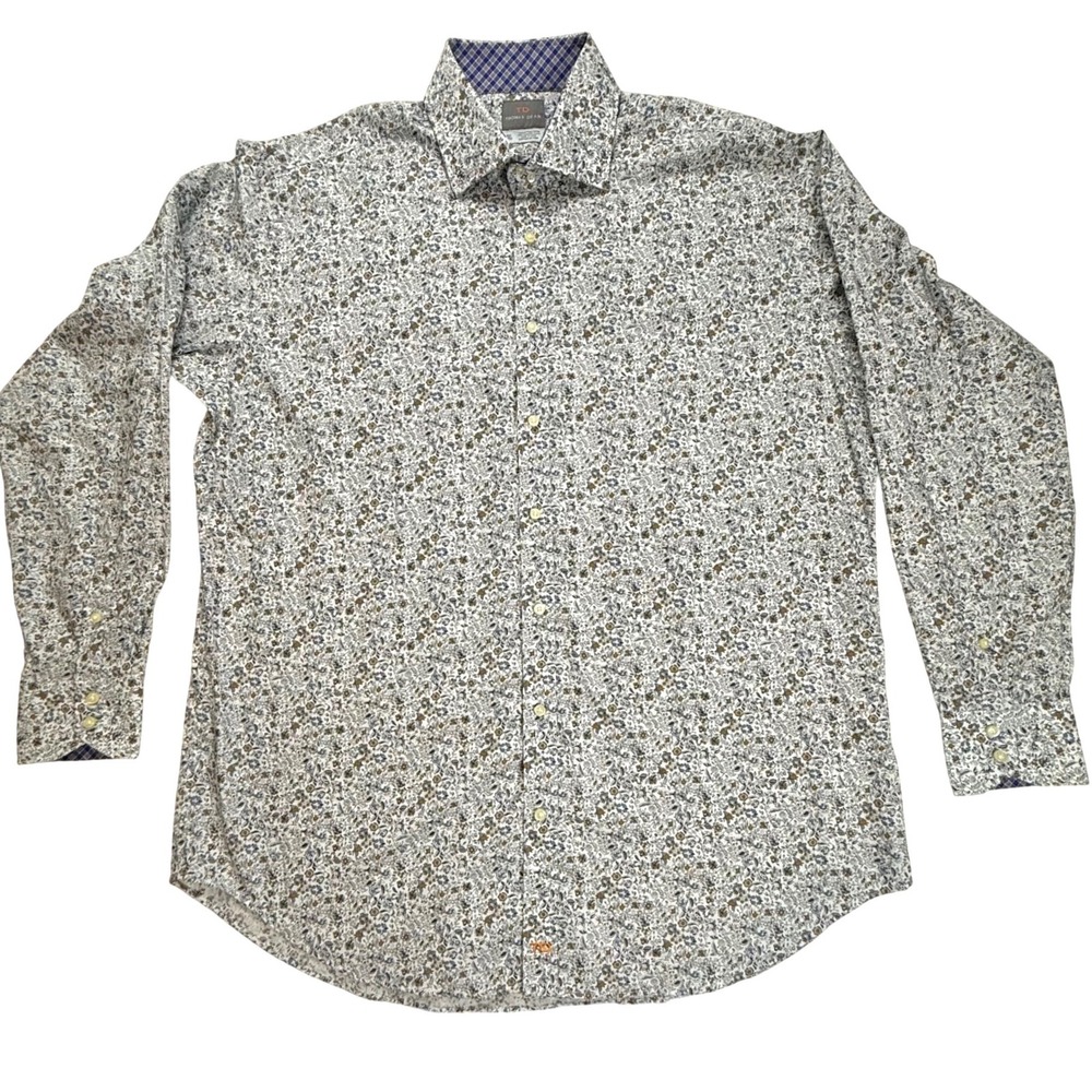 Thomas Dean Mensβ XXL Floral Button Down Shirt Long Sleeve Blue Tan Cotton XL